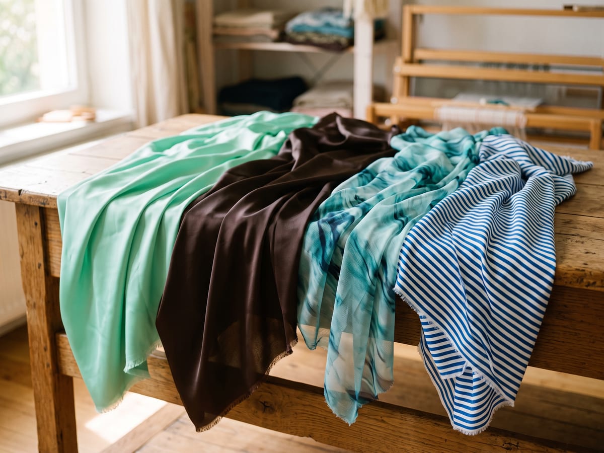 Fließende Polyesterstoffe: Satin in Mintgrün und Dunkelbraun, Chiffon in Blau-Grün, Streifen in Marine-Weiß
