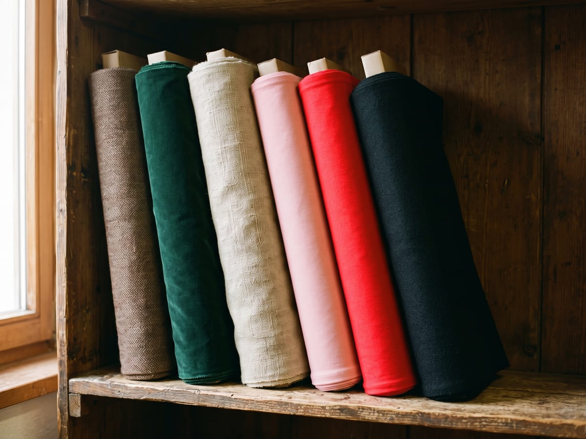 Frisch aufgerollte Stoffballen aus Tweed, Samt, Leinen, Jersey und Wolle an einem Holzregal
