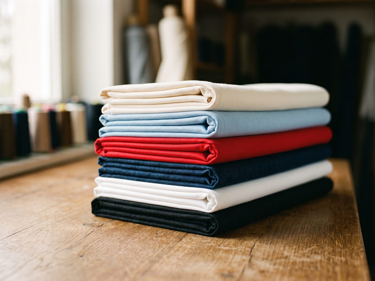 Stapel gefalteter Unistoffe aus Jersey, Baumwolle und Denim in Schwarz, Weiß, Marine, Rot, Hellblau und Ecru