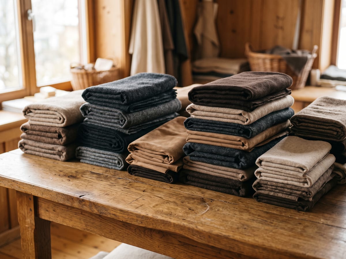 Mehrere Stapel gefalteter Wollmischungen und Wildlederimitate in Anthrazit, Beige und Braun