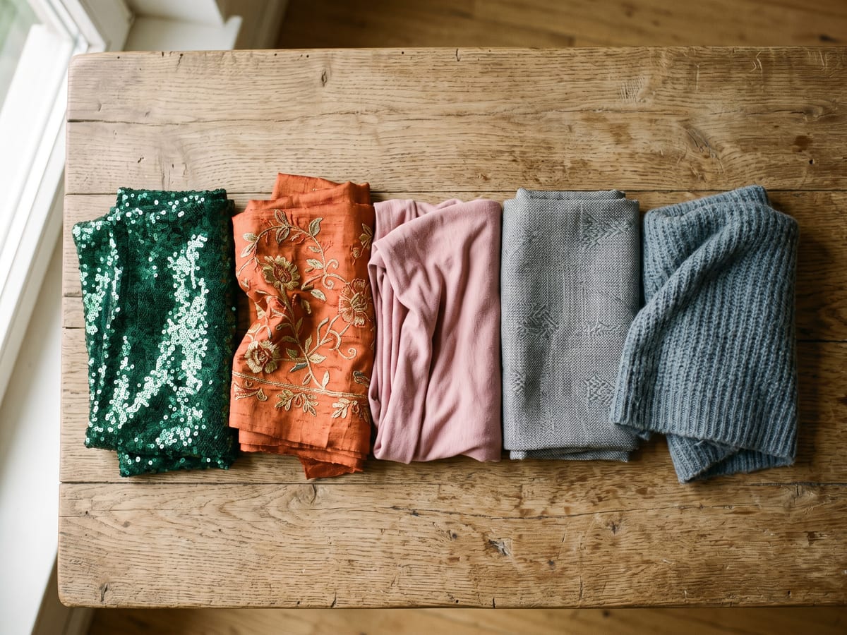 Einzelne Stoffstücke aus Pailletten, bestickter Seide, Jersey, Jacquard und Strick auf einem Eichentisch